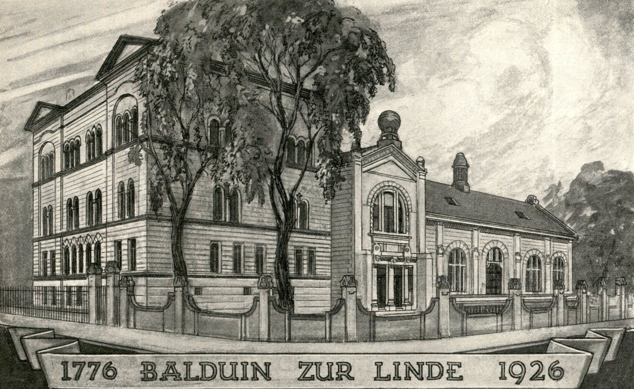 Zeichnung des Logenhauses nach dem Um- und Anbau 1905 mit dem Schriftband „1776 Balduin zur Linde 1926“
